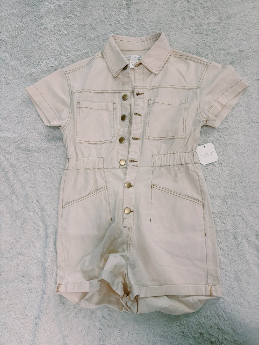 Altar'd State Cream Short-Sleeve Denim Romper